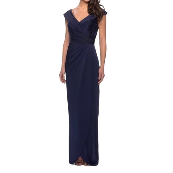 La Femme Dresses & Skirts - La Femme Surplice Off The Shoulder Column Gown Navy Blue Size 10 Pleaded Bodice